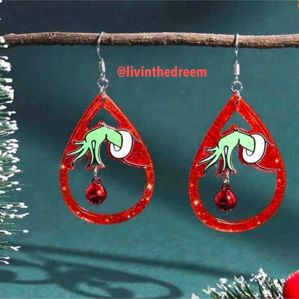 #55 Glitter Christmas Grinch Hand With Bell Acrylic Dangle Earrings